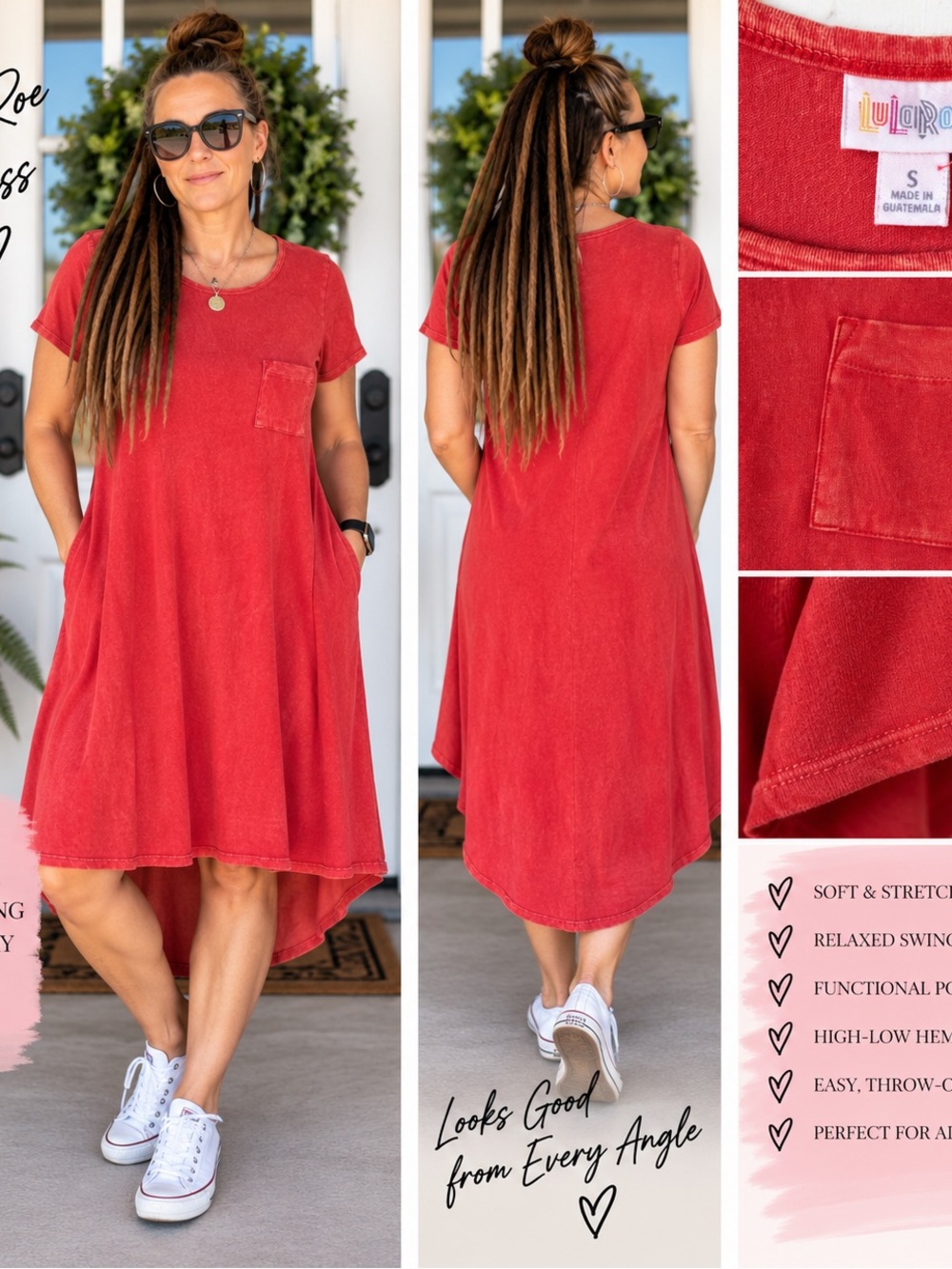 LuLaRoe Red Short-Sleeve Pocket High-Low Swing Dress